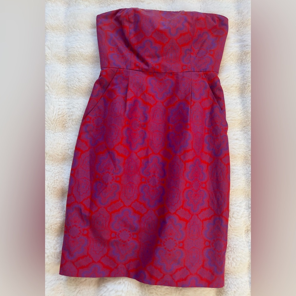 J Crew Ella Collection Dress Womens size 0 Red Purple Lined Pocket Strapless